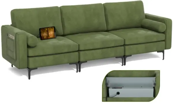 Hivvago Modular 3-Seat Sofa Couch with Socket USB Ports and Side Storage Pocket