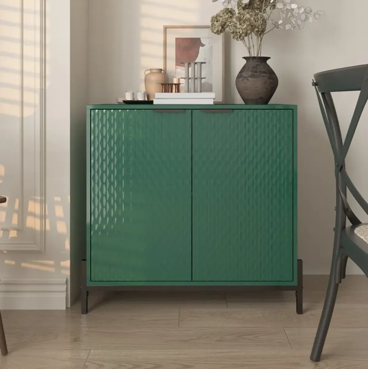 Elegant 2-Door Storage Cabinet with Adjustable Shelves and Geometric Design