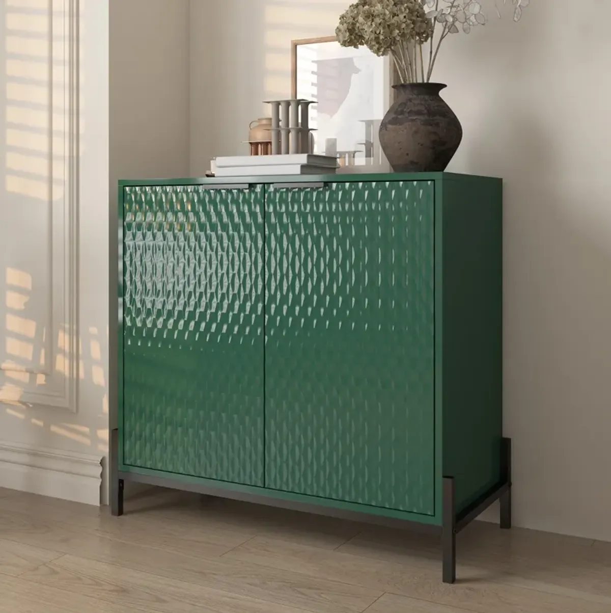 Elegant 2-Door Storage Cabinet with Adjustable Shelves and Geometric Design