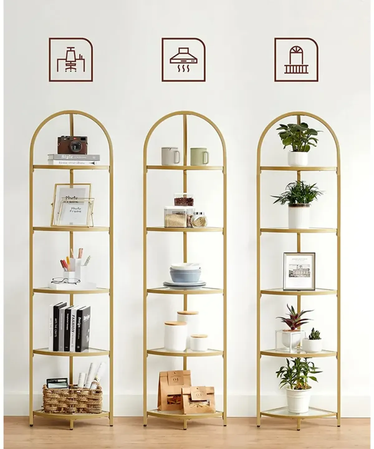 Contemporary 5-Tier Corner Shelf Stylish Tempered Glass Storage