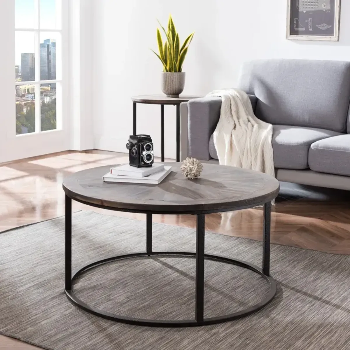 Hivvago 36 Inch  Natural And Brown Reclaimed Wood And Metal Round Coffee Table