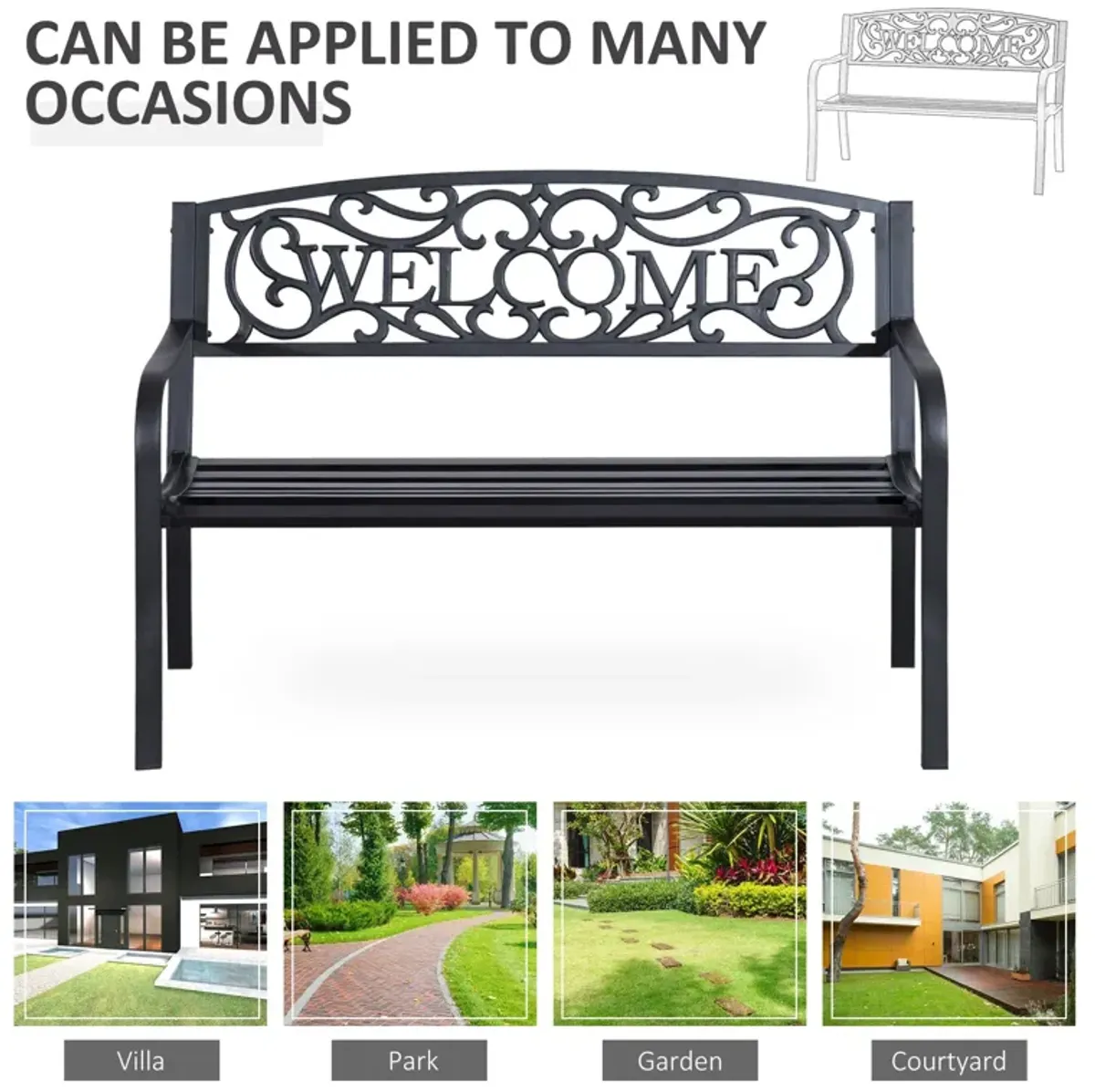 Welcoming Garden Duo: 50" Cast Iron Vine-Decorated Bench for Patio Seating