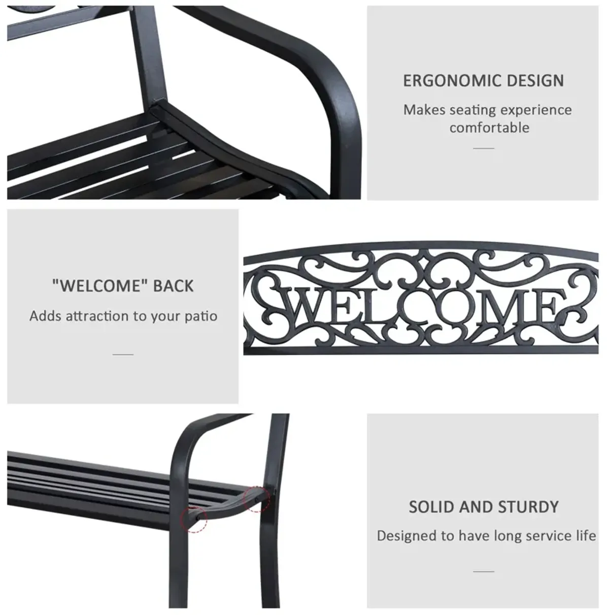 Welcoming Garden Duo: 50" Cast Iron Vine-Decorated Bench for Patio Seating