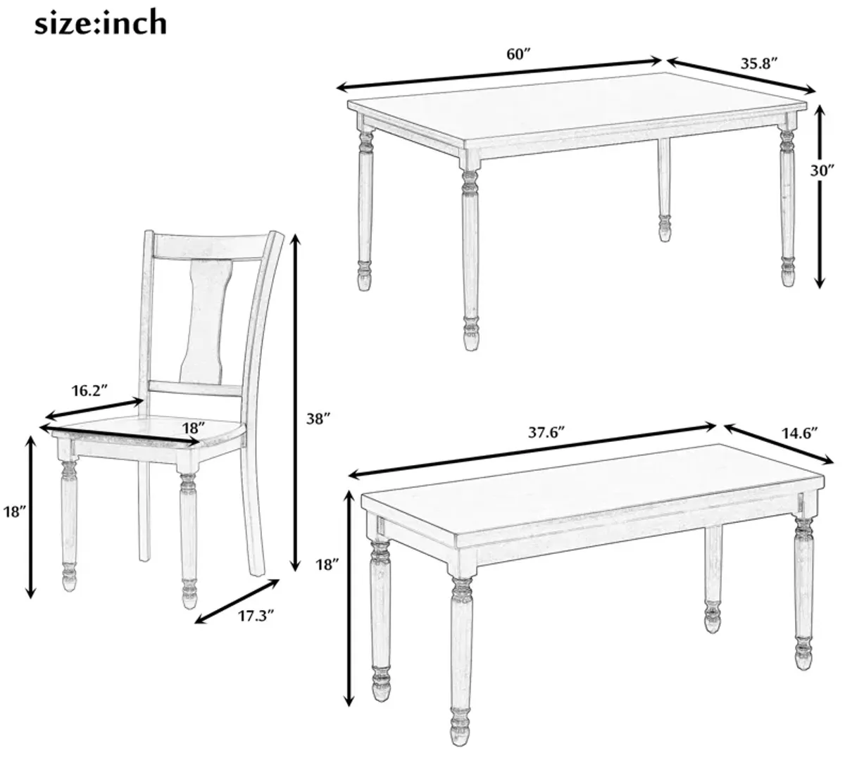 Merax 6-Piece Dining Table Set 4 Chairs with Bench