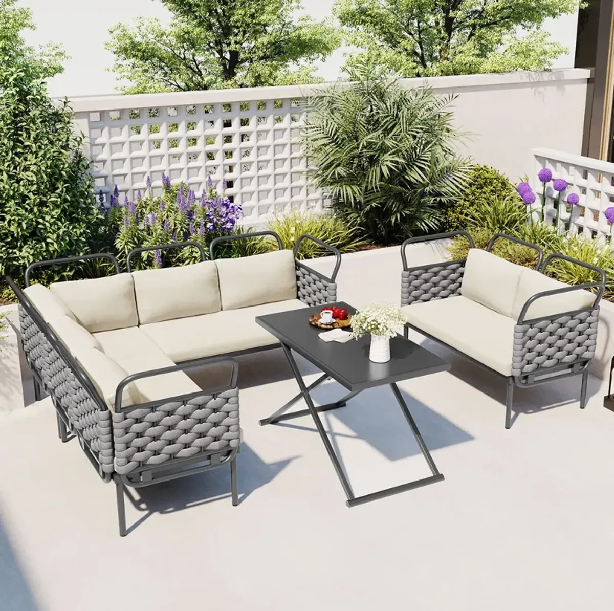 MONDAWE 5 Piece Modern Patio Sectional Sofa Set Outdoor Woven Rope Furniture Set with Glass Table and Cushions