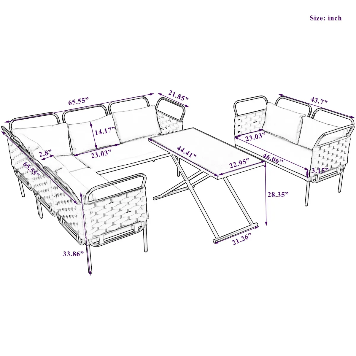 MONDAWE 5 Piece Modern Patio Sectional Sofa Set Outdoor Woven Rope Furniture Set with Glass Table and Cushions