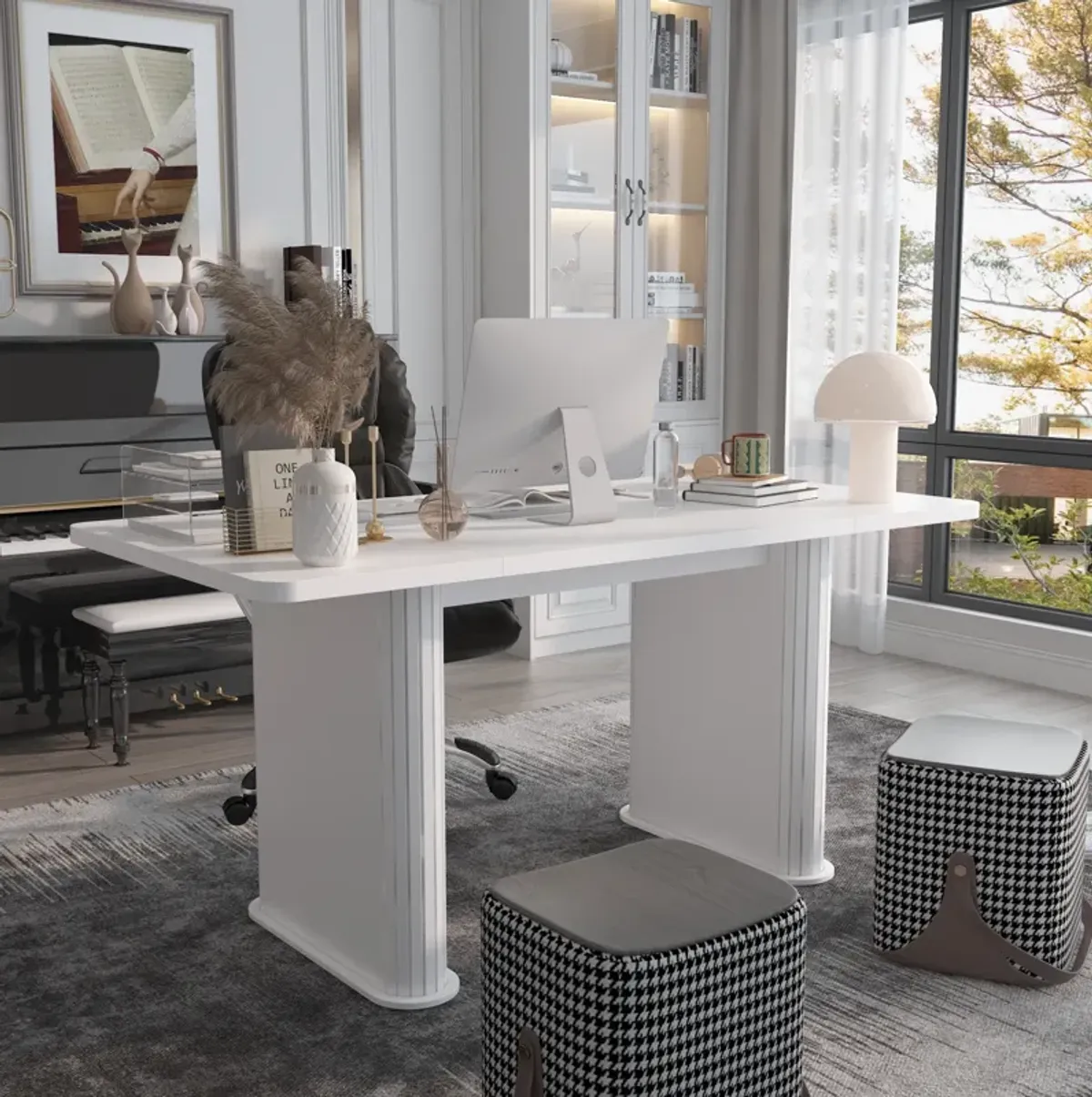 FUFU&GAGA Modern White Office Desk with Sturdy Double Pedestal Base (63" W x 29.5" H x 31.5" D),White