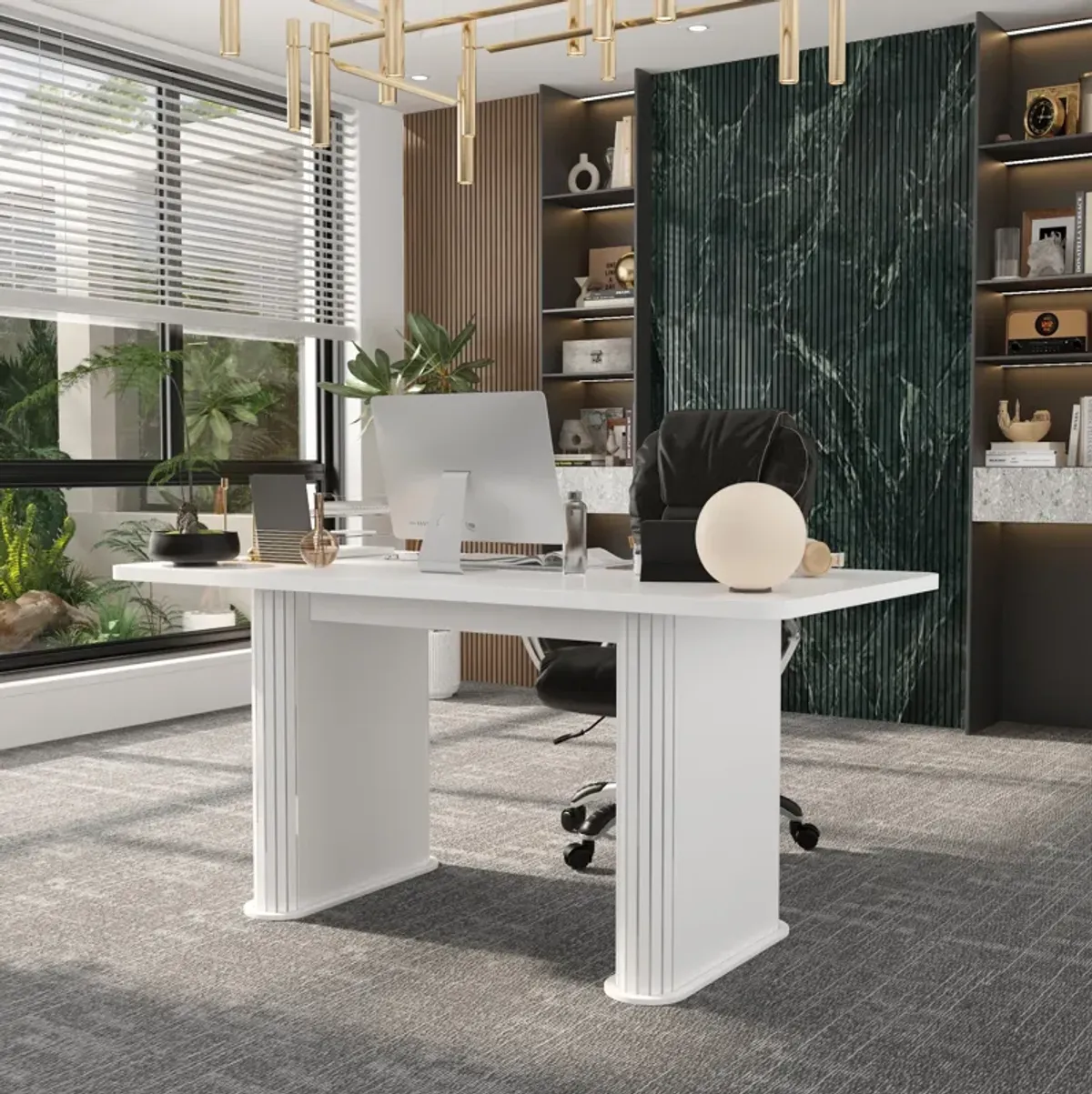 FUFU&GAGA Modern White Office Desk with Sturdy Double Pedestal Base (63" W x 29.5" H x 31.5" D),White