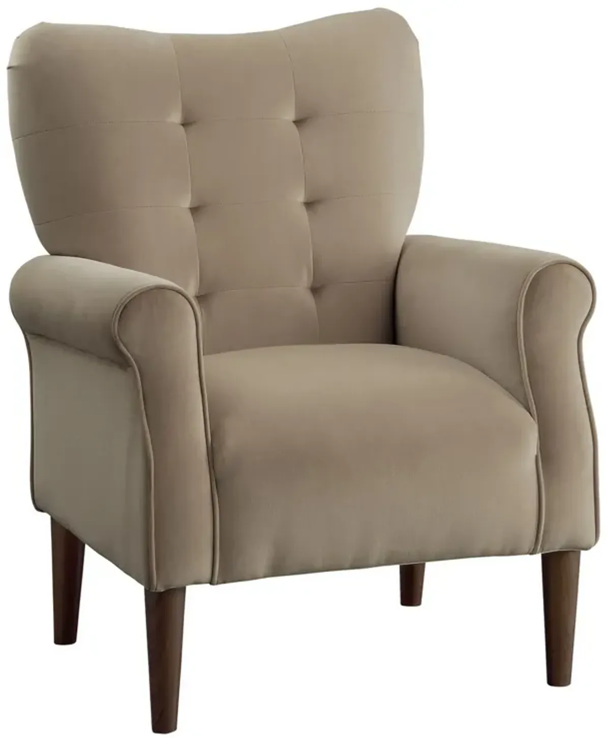 Kylie 32 Inch Accent Chair Armchair, Soft Tufted Brown Velvet, Solid Wood - Benzara