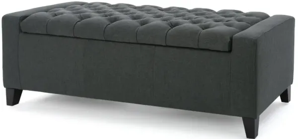 Storage Ottoman Bench, Dark Gray Fabric, Tufted Top, 51 Inch - Benzara