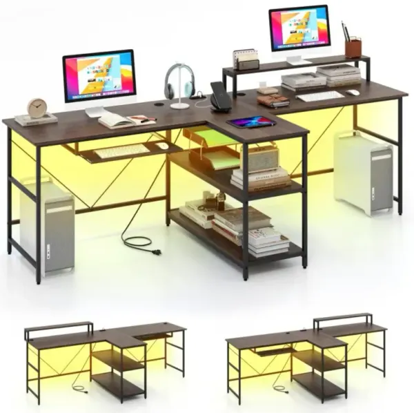 2-Person Reversible Computer Desk Long Office Desk with LED Lights