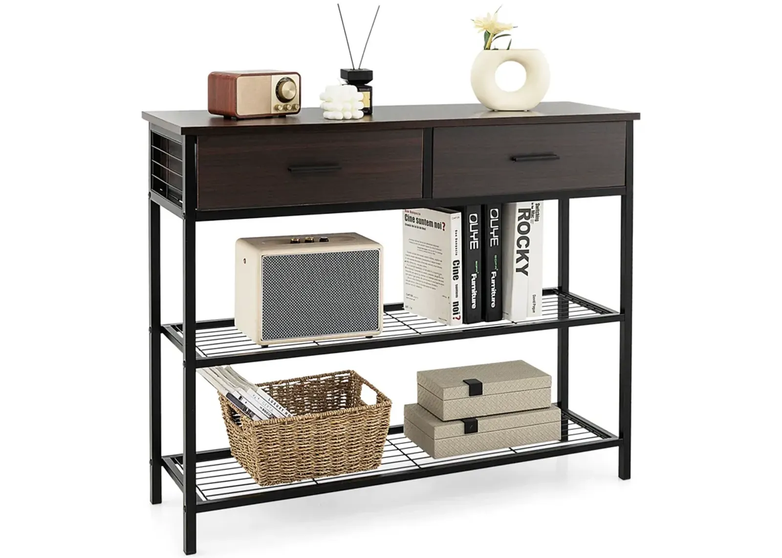 39.5 Inch Entryway Table with 2 Drawers and 2-Tier Shelves-Dark Brown