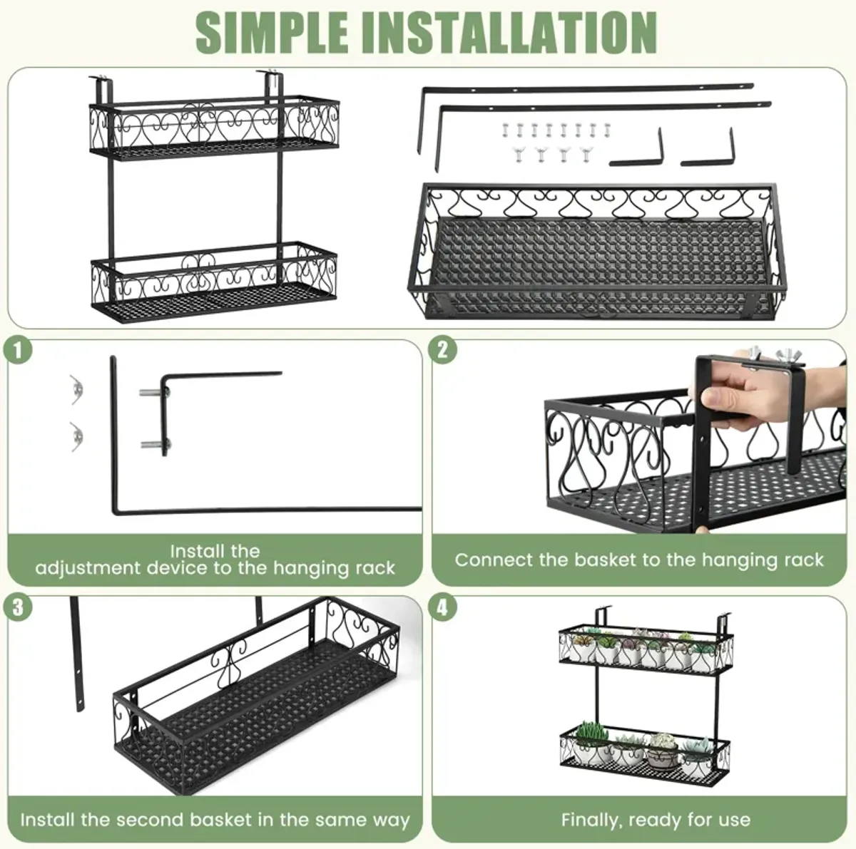 Flower Pot Holder with Adjustable Hooks and 2 Planter Baskets