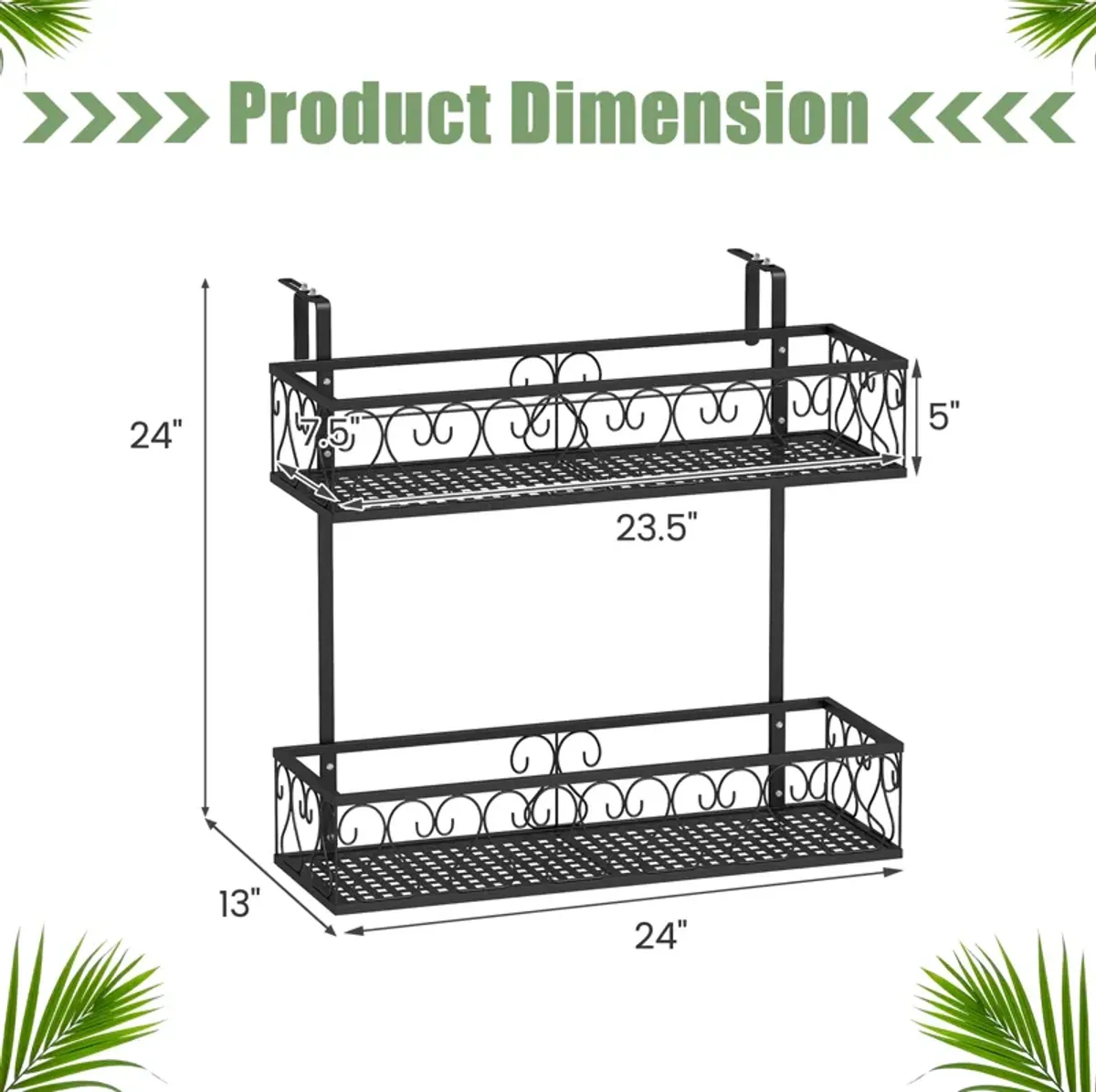 Flower Pot Holder with Adjustable Hooks and 2 Planter Baskets