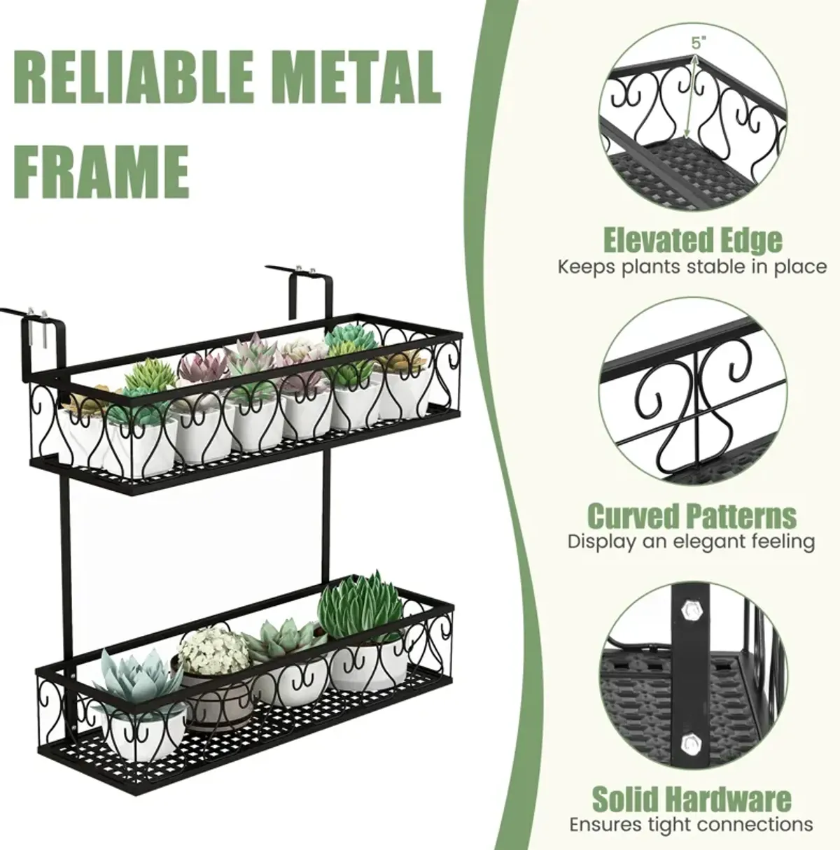 Flower Pot Holder with Adjustable Hooks and 2 Planter Baskets