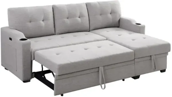 Mabel Light Gray Linen Fabric Sleeper Sectional With Cup Holder, USB Charging Port And Pocket
