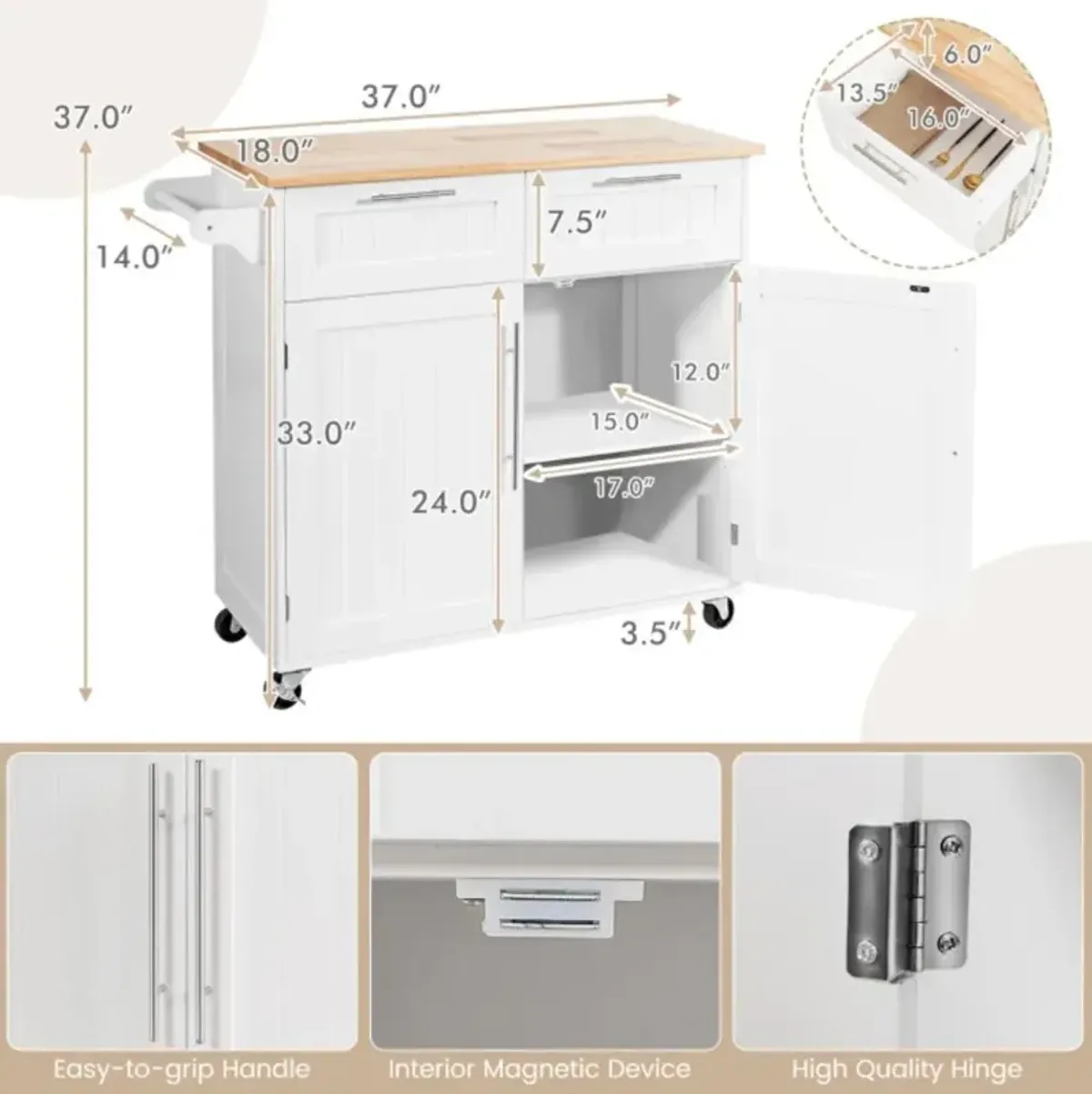 Hivvago Heavy Duty Rolling Kitchen Cart with Tower Holder and Drawer