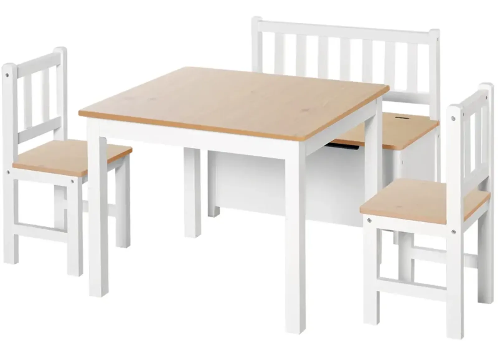 Qaba 4-Piece Kids Table Set with 2 Wooden Chairs, 1 Storage Bench, and Interesting Modern Design, Grey/White