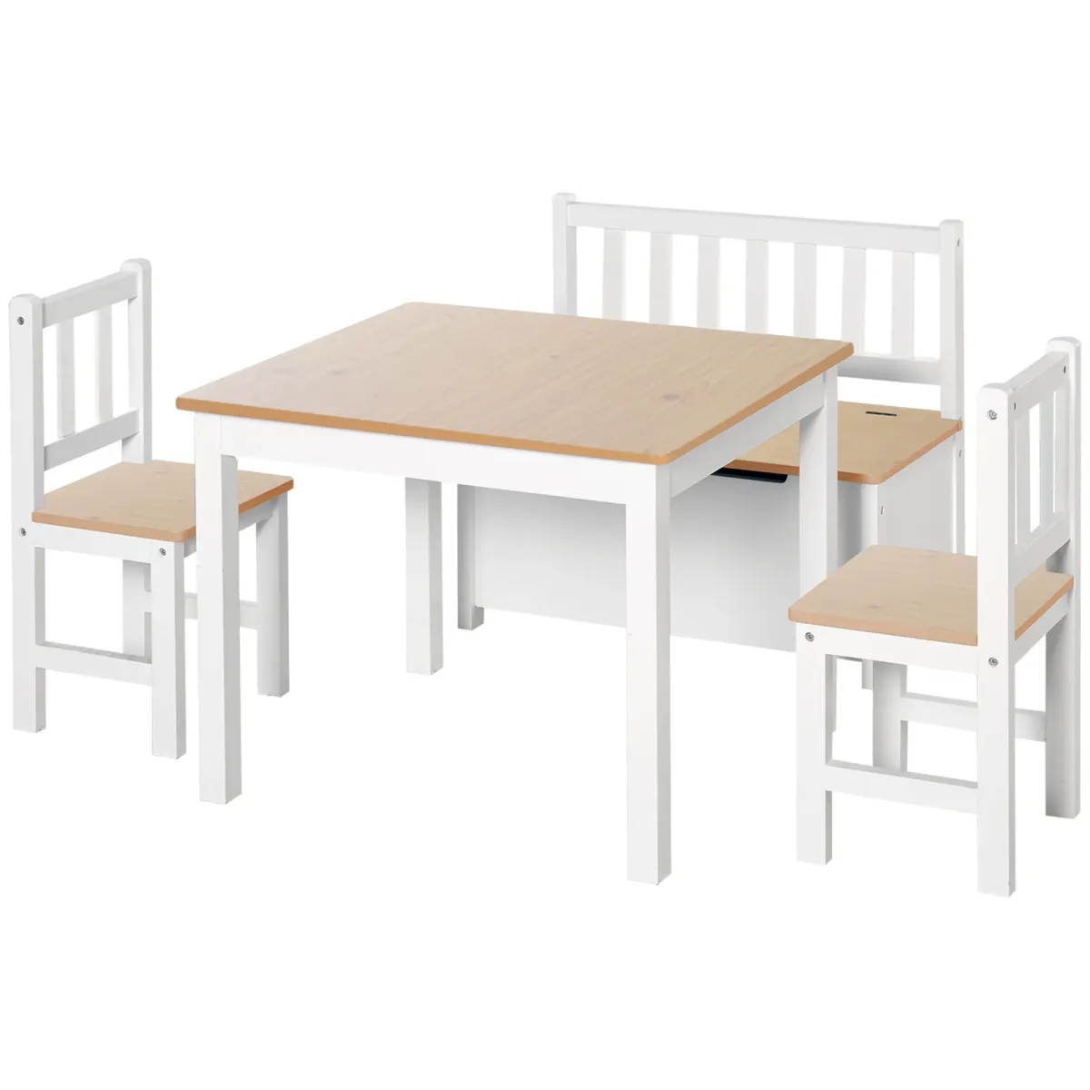 Qaba 4-Piece Kids Table Set with 2 Wooden Chairs, 1 Storage Bench, and Interesting Modern Design, Grey/White