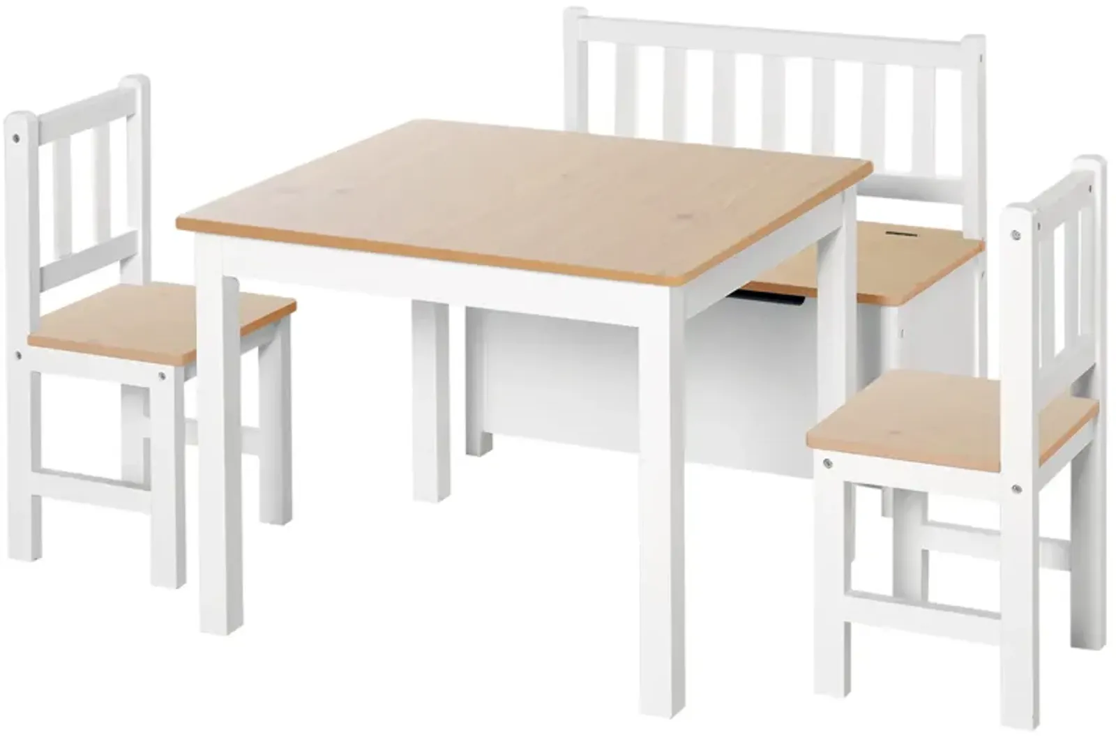 Qaba 4-Piece Kids Table Set with 2 Wooden Chairs, 1 Storage Bench, and Interesting Modern Design, Grey/White