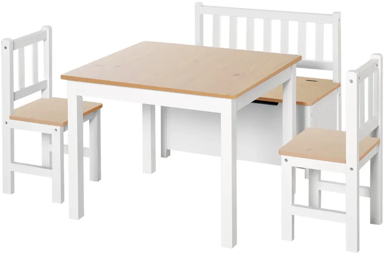 Qaba 4-Piece Kids Table Set with 2 Wooden Chairs, 1 Storage Bench, and Interesting Modern Design, Grey/White