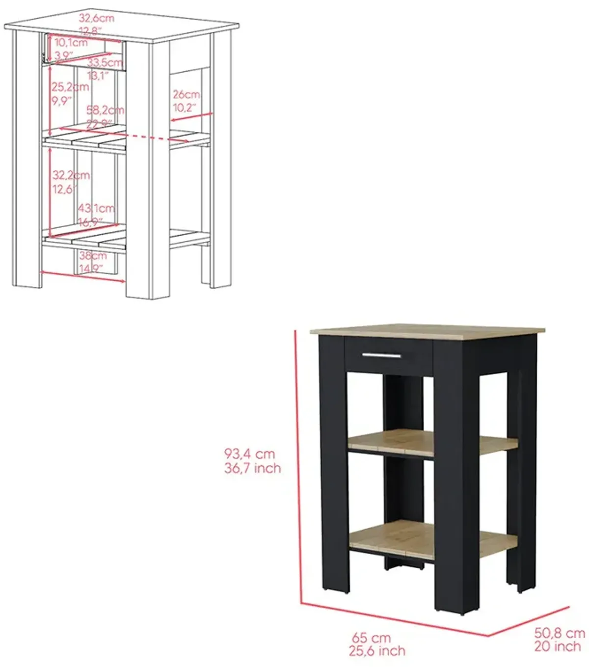 Kitchen Island 23 Inches Dozza, Kitchen, Black / Light Oak