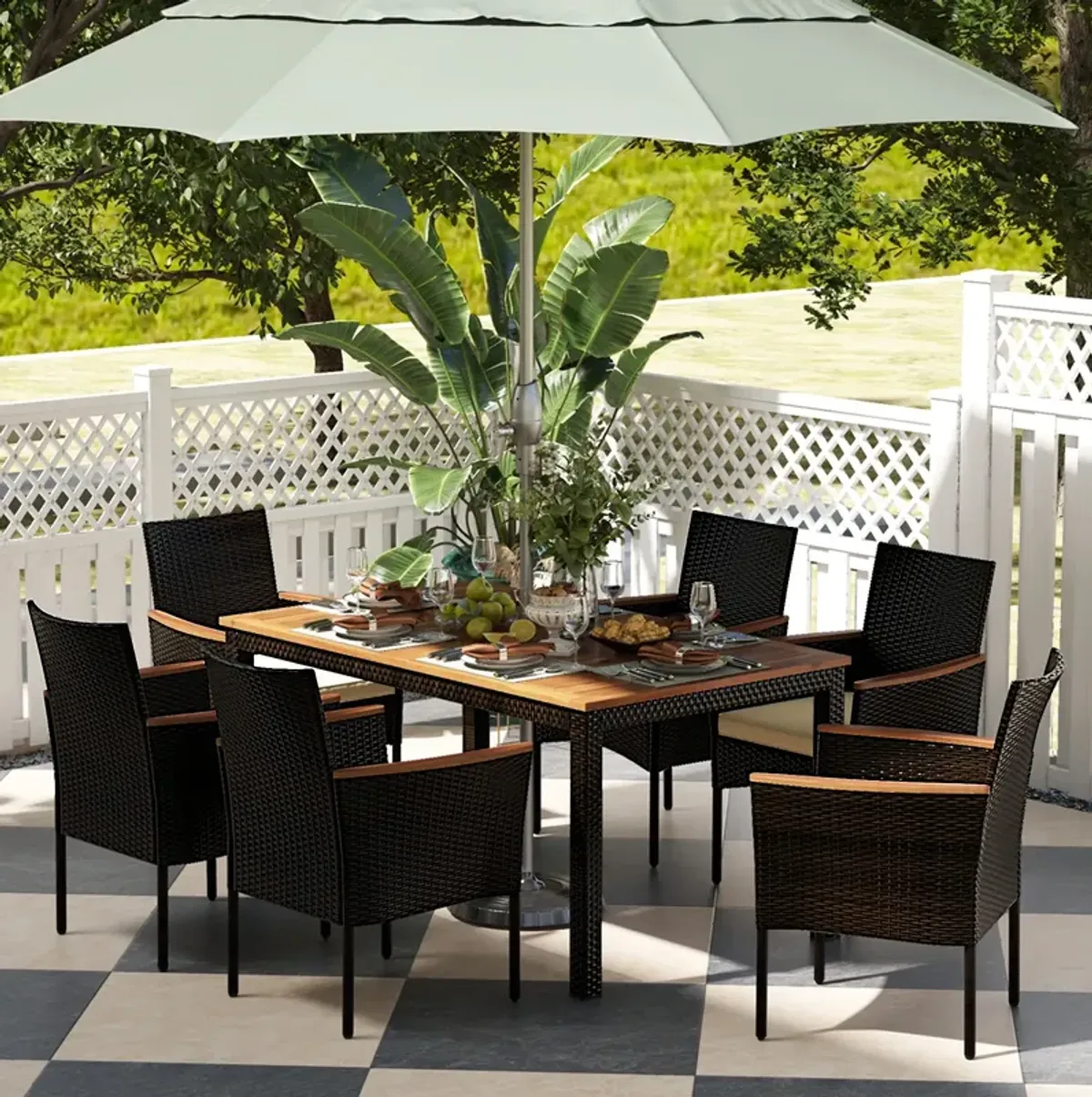 7 Pieces Rattan Patio Dining Set with Stackable Chairs and Umbrella Hole