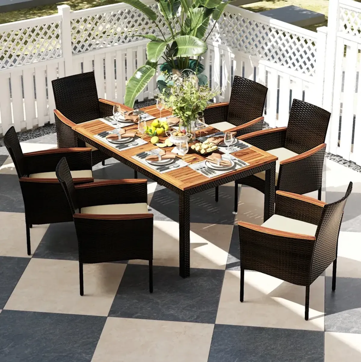 7 Pieces Rattan Patio Dining Set with Stackable Chairs and Umbrella Hole