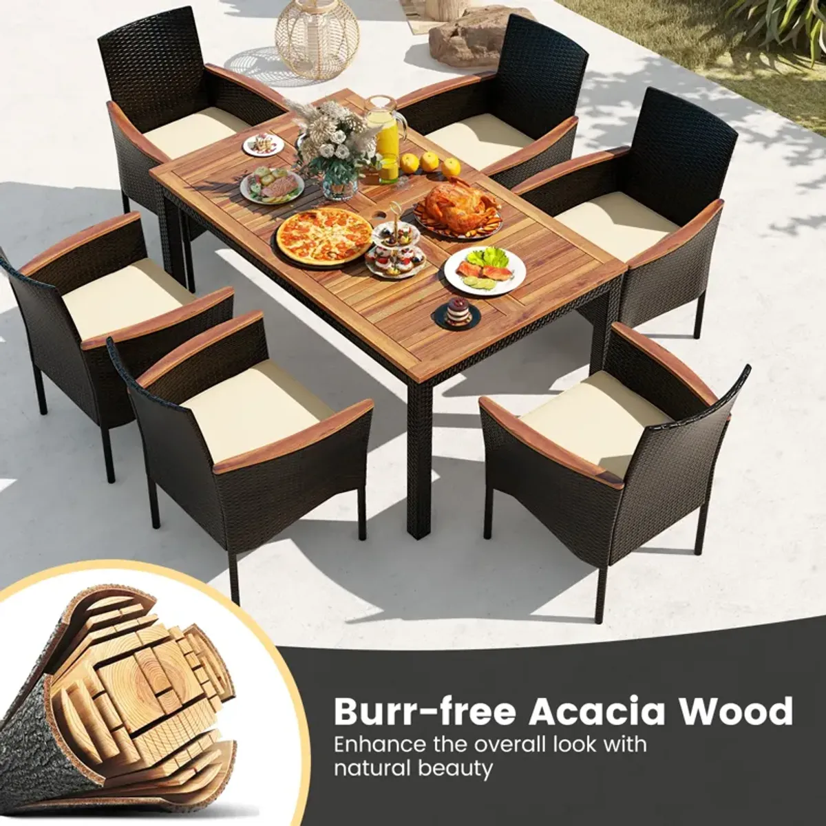 7 Pieces Rattan Patio Dining Set with Stackable Chairs and Umbrella Hole