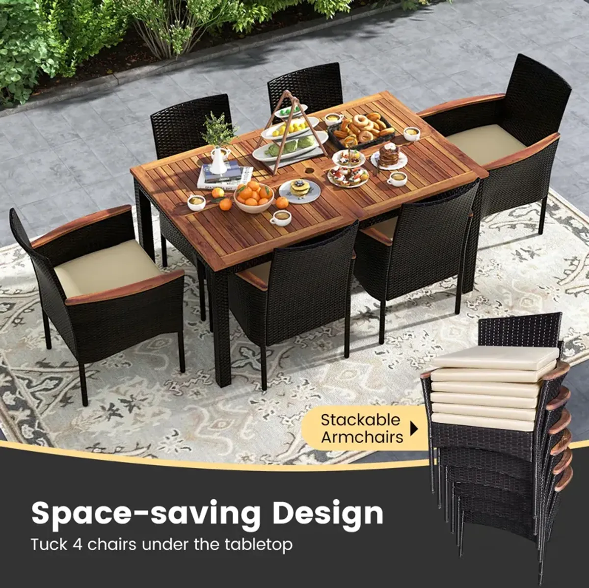 7 Pieces Rattan Patio Dining Set with Stackable Chairs and Umbrella Hole