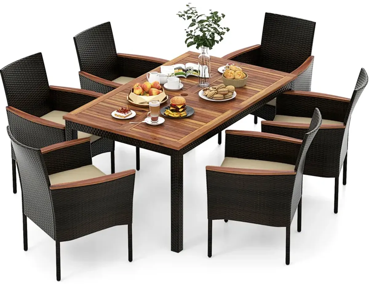 7 Pieces Rattan Patio Dining Set with Stackable Chairs and Umbrella Hole