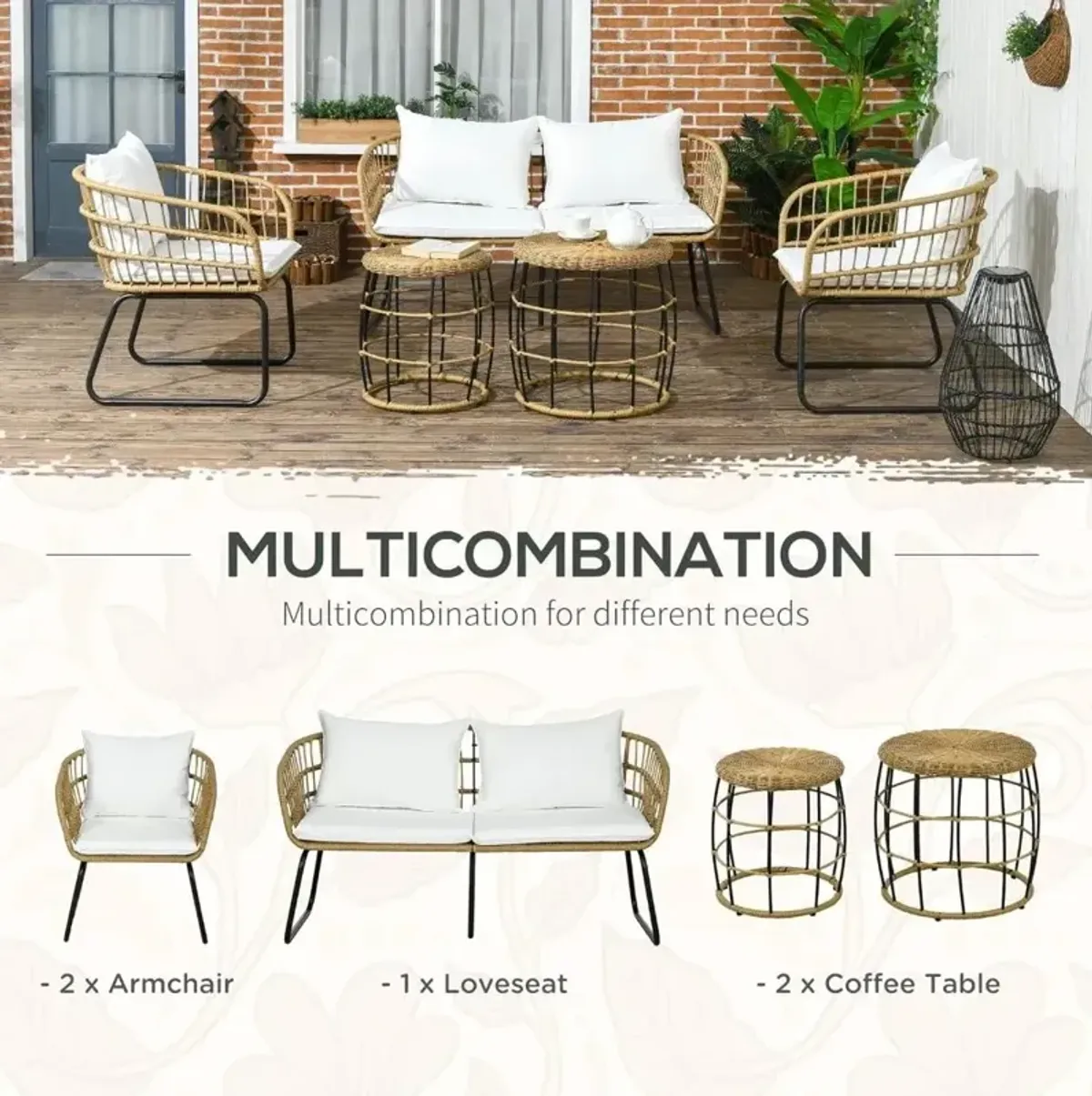 5 Piece PE Rattan Outdoor Furniture Set with Cushioned Chairs & Loveseat Sofa, Patio Sectional Furniture Set, Conversat