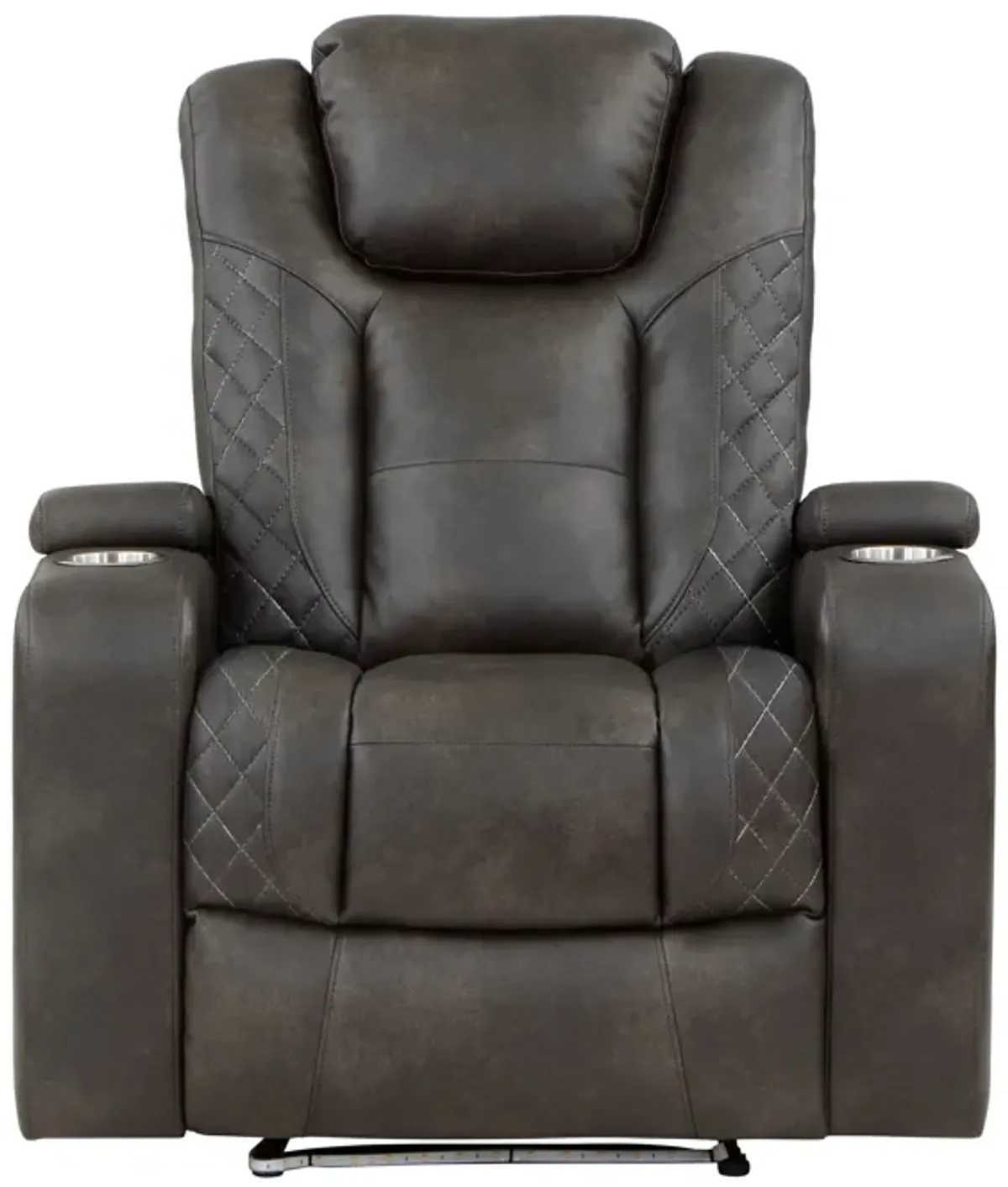 Mia 40 Inch Power Recliner Chair, Gray Faux Leather, LED, USB, Cupholders - Benzara