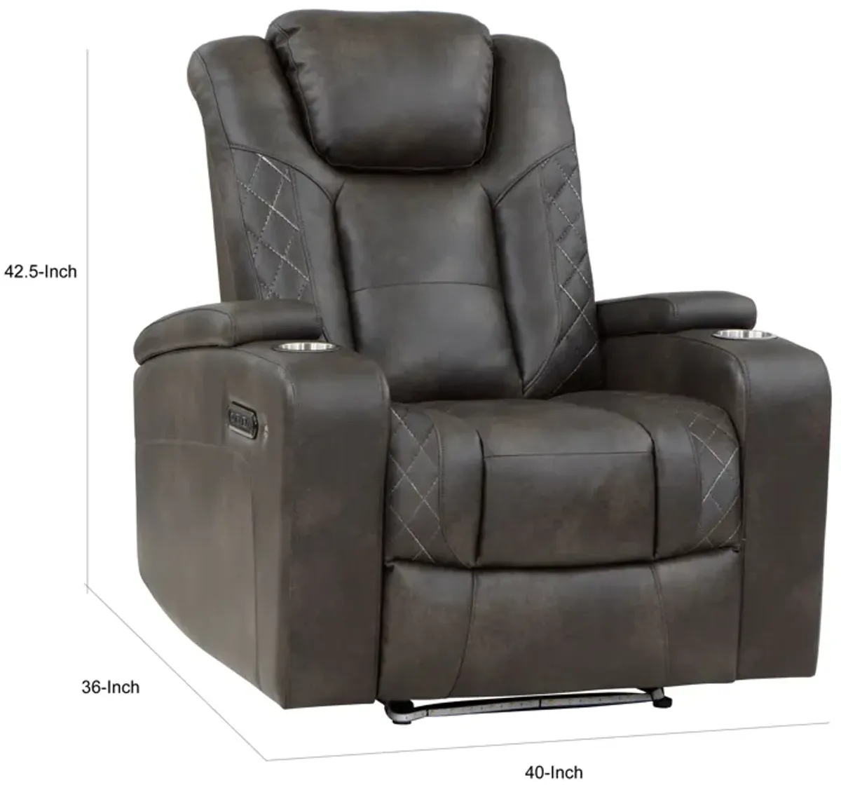 Mia 40 Inch Power Recliner Chair, Gray Faux Leather, LED, USB, Cupholders - Benzara