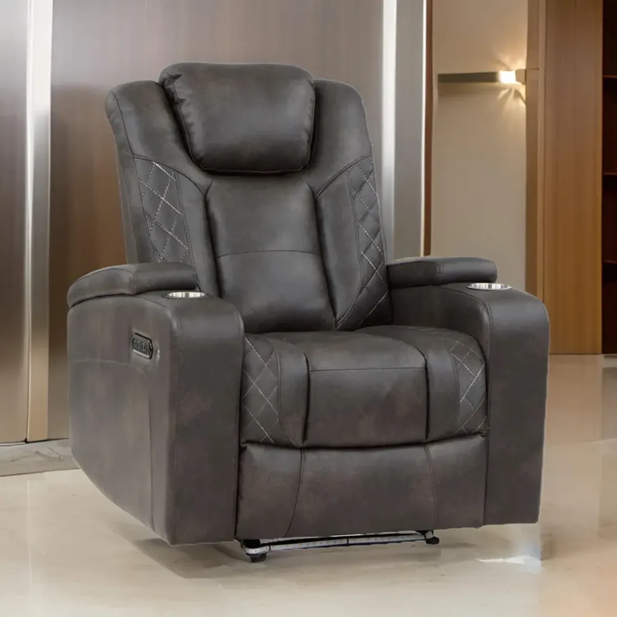 Mia 40 Inch Power Recliner Chair, Gray Faux Leather, LED, USB, Cupholders - Benzara