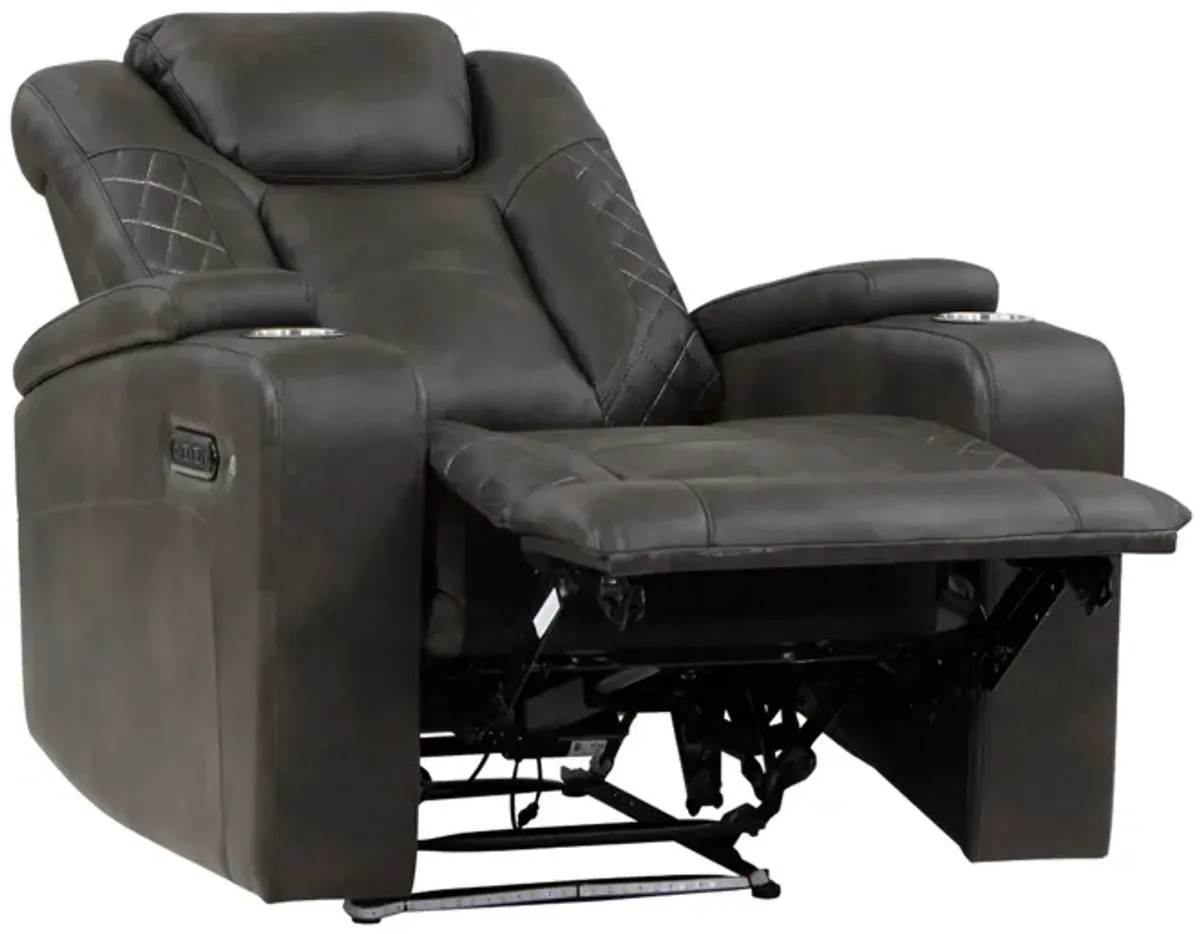 Mia 40 Inch Power Recliner Chair, Gray Faux Leather, LED, USB, Cupholders - Benzara