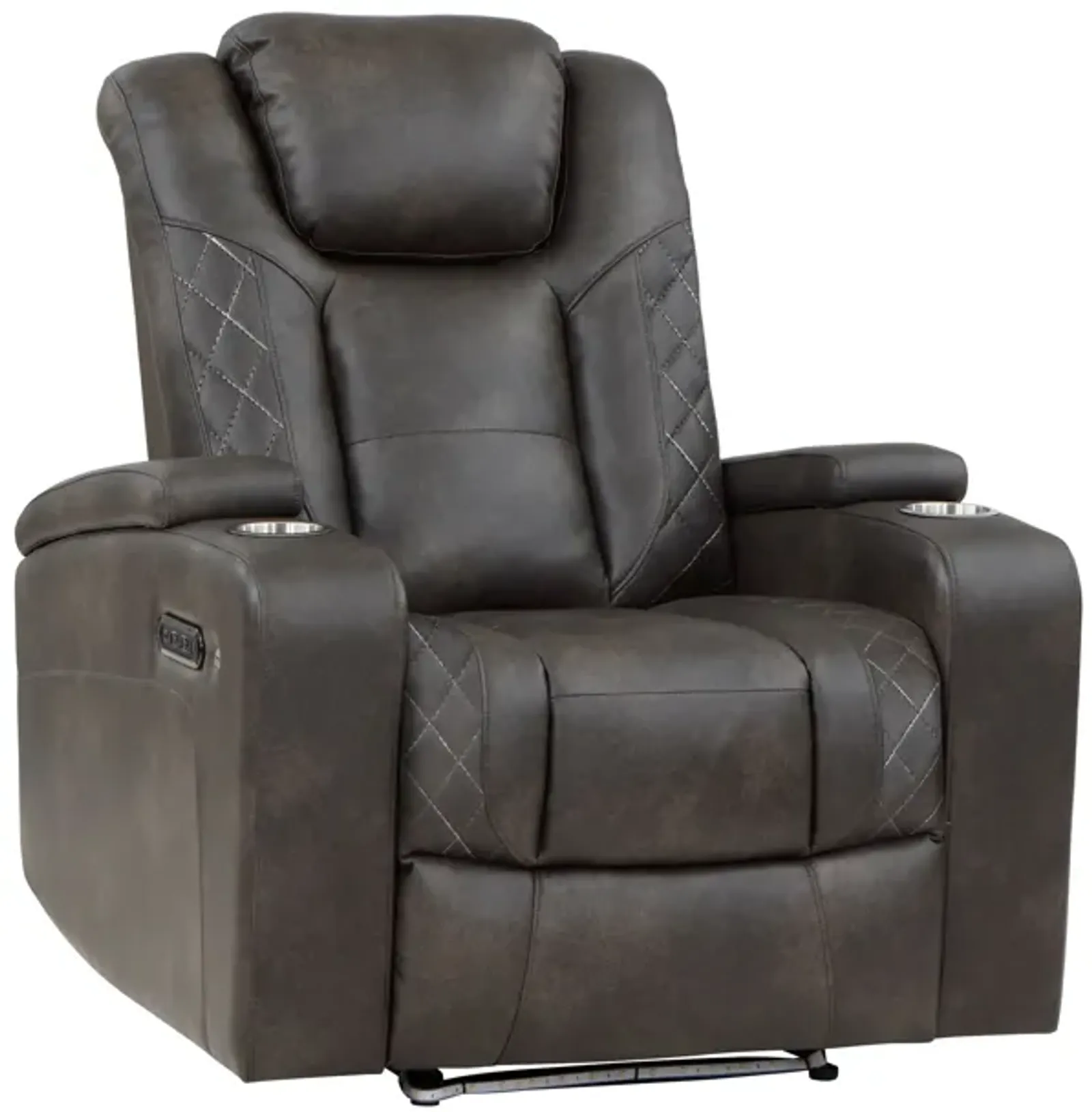 Mia 40 Inch Power Recliner Chair, Gray Faux Leather, LED, USB, Cupholders - Benzara