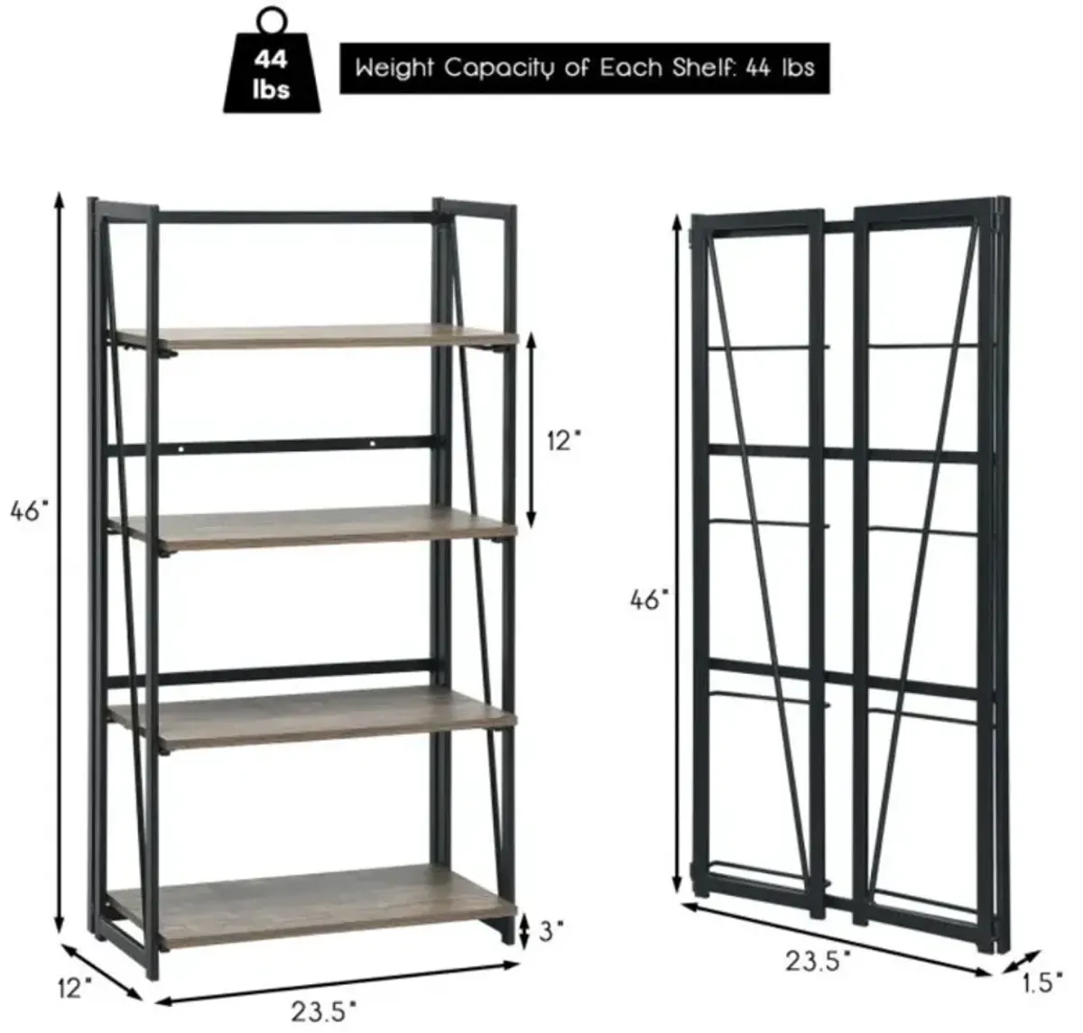 Hivvago 4-Tier Folding Bookshelf No-Assembly Industrial Bookcase Display Shelves