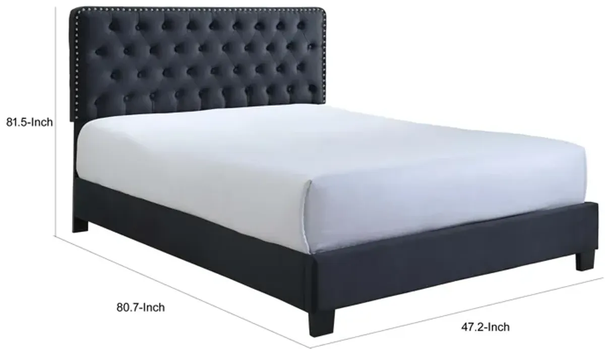 Jane King Size Bed, Low Profile, Tufted Fabric Upholstered Headboard, Black - Benzara