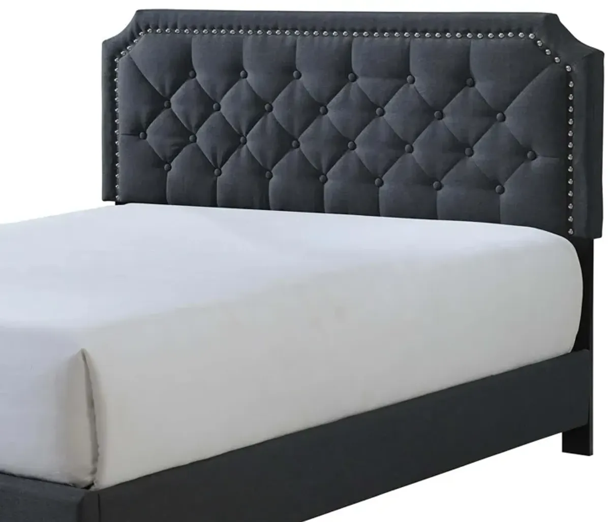 Jane King Size Bed, Low Profile, Tufted Fabric Upholstered Headboard, Black - Benzara