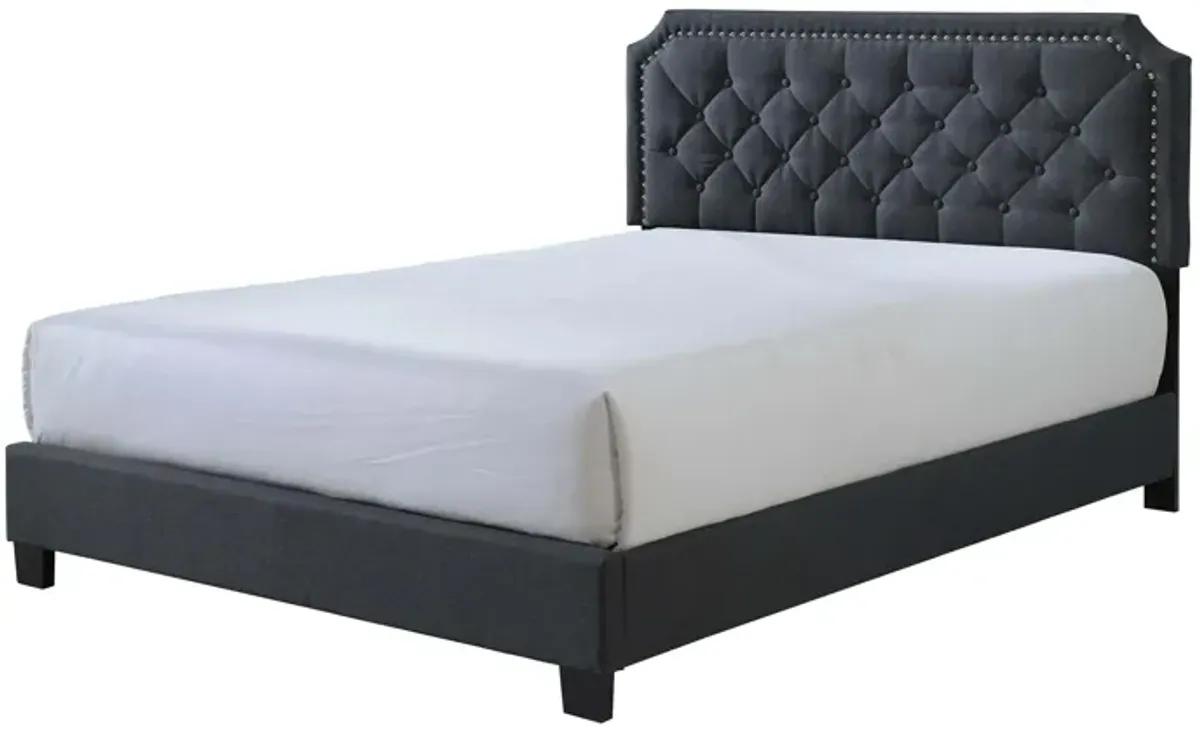 Jane King Size Bed, Low Profile, Tufted Fabric Upholstered Headboard, Black - Benzara