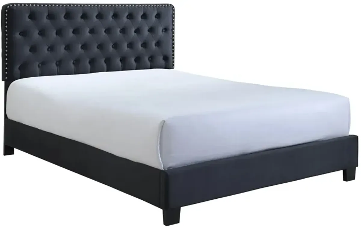 Jane King Size Bed, Low Profile, Tufted Fabric Upholstered Headboard, Black - Benzara