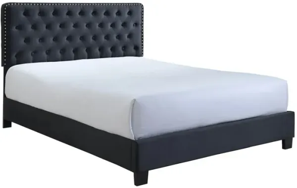 Jane King Size Bed, Low Profile, Tufted Fabric Upholstered Headboard, Black - Benzara