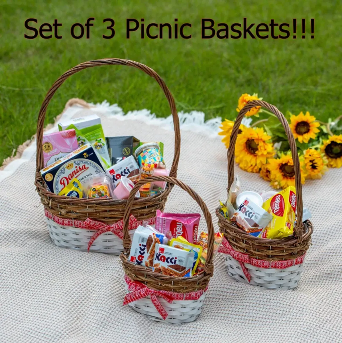 Wickerwise Set of 3 Rattan Woven Baskets with Handle and Plastic Lining, Sturdy and Stylish Picnic and Gift Baskets - Ideal as Fruit Basket, for Storing Picnic Accessories, Garden Items and Home Decor