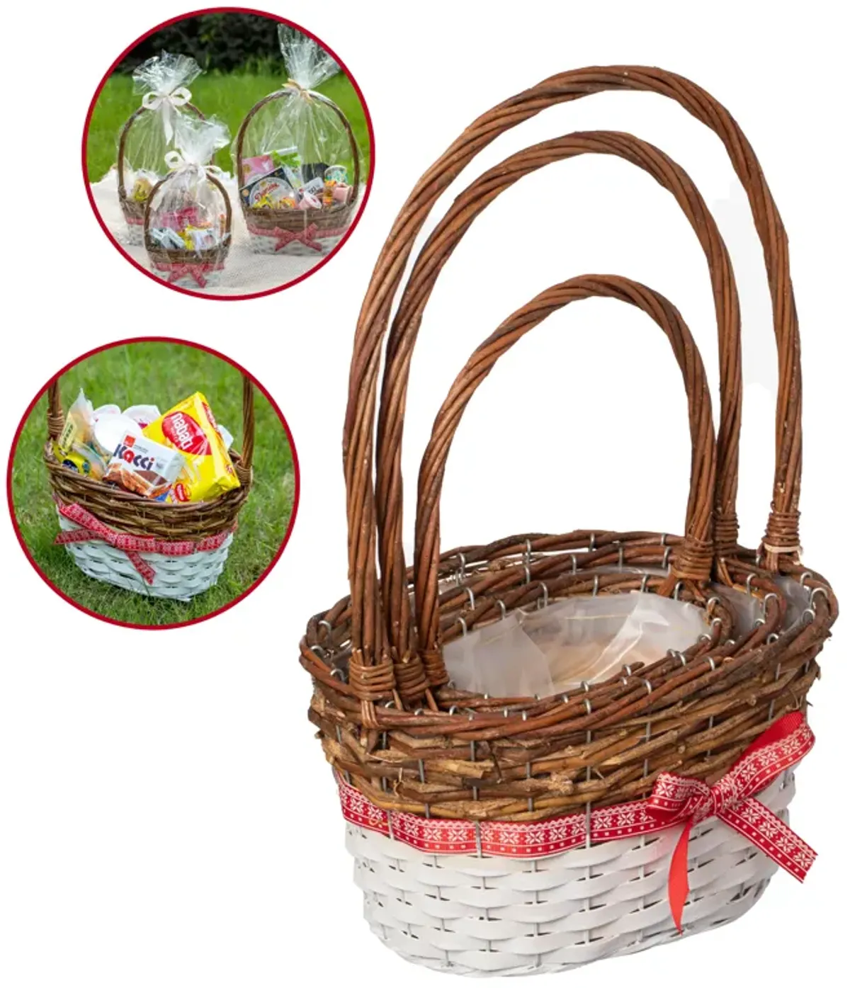 Wickerwise Set of 3 Rattan Woven Baskets with Handle and Plastic Lining, Sturdy and Stylish Picnic and Gift Baskets - Ideal as Fruit Basket, for Storing Picnic Accessories, Garden Items and Home Decor