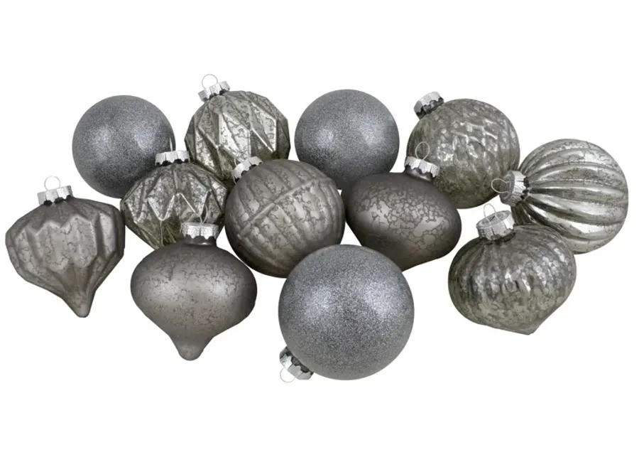 Set of 12 Neutral Tone Finial and Glass Ball Christmas Ornaments