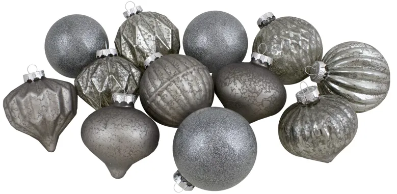 Set of 12 Neutral Tone Finial and Glass Ball Christmas Ornaments