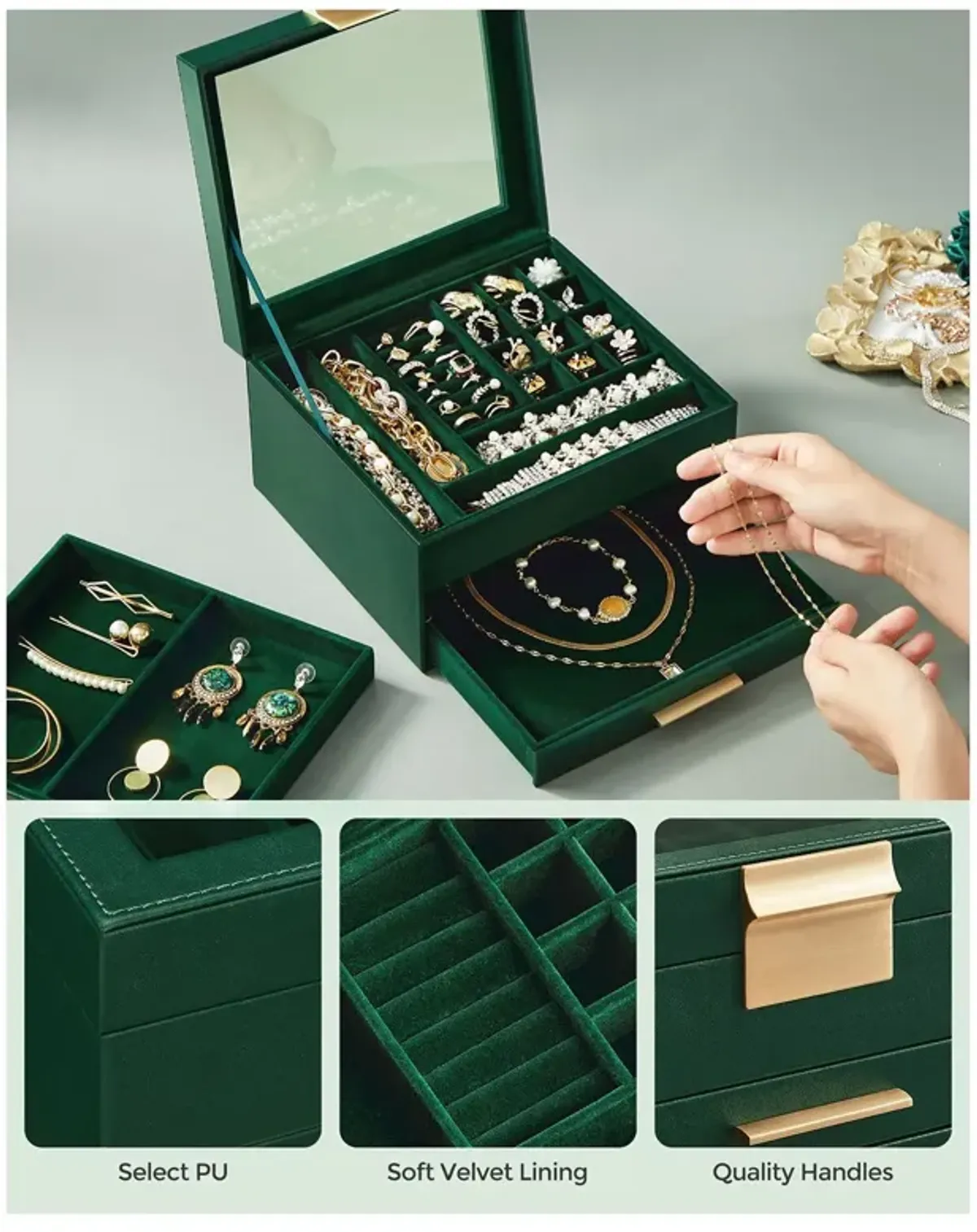 3-Layer Jewelry Box with Glass Lid and 2 Drawers - Perfect Gift for Loved Ones