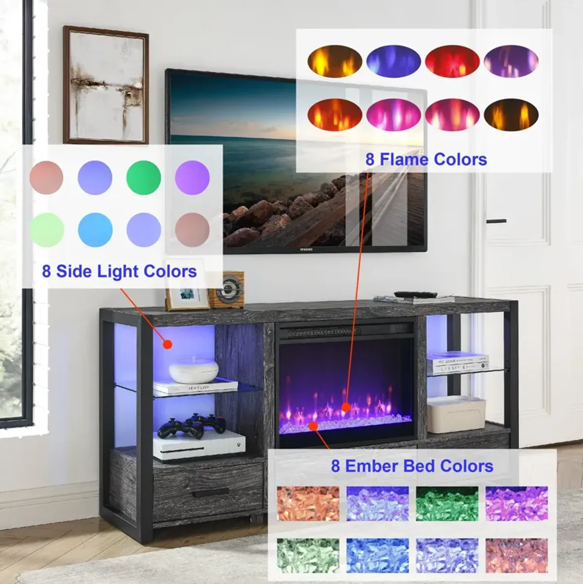 MONDAWE 60 Inch Electric Fireplace Media TV Stand With Sync Colorful LED Lights