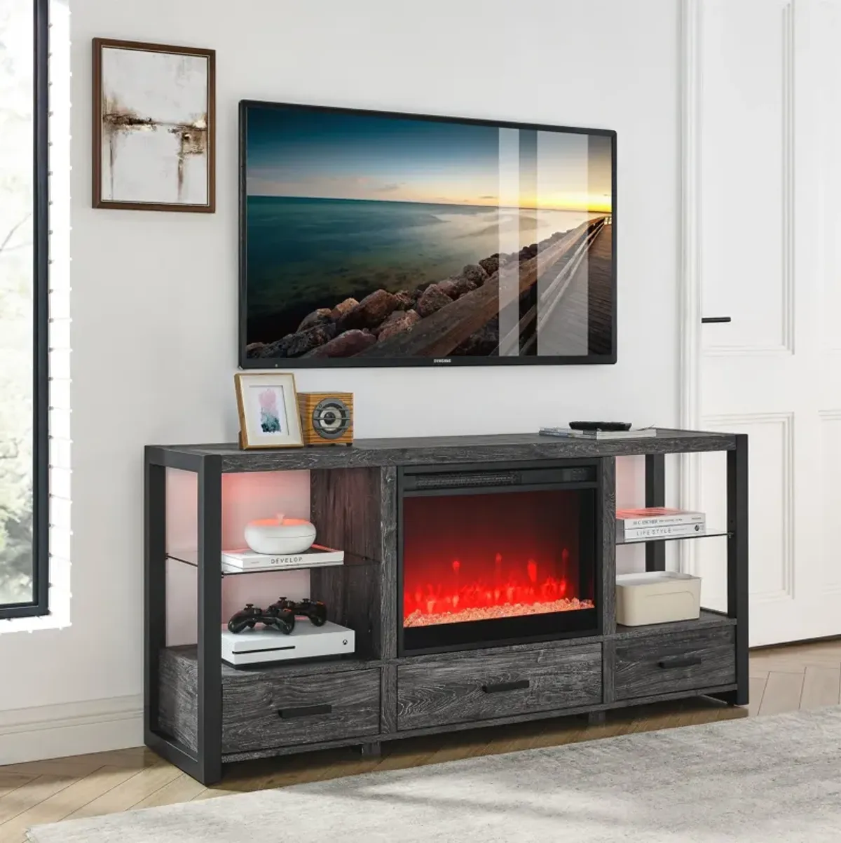 MONDAWE 60 Inch Electric Fireplace Media TV Stand With Sync Colorful LED Lights